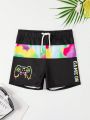 SHEIN Teen Boys Casual And Comfortable Game Console Handle Pattern Boxer Swimming Trunks