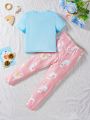SHEIN Toddler Girls' Cartoon Alphabet Print Round Neck Top And Pants Homewear Set