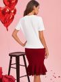 SHEIN Clasi Valentine's Day Women Sparkly Heart Pattern Top And Solid Color Mermaid Skirt Two Piece Set