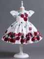 Young Girls' Rose Print Princess Dress, Valentine's Day Formal Dress