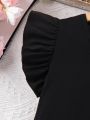 SHEIN Kids EVRYDAY Tween Girls' Ruffle Sleeve T-Shirt With Bow Decoration