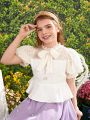 SHEIN Kids FANZEY Tween Girls' Frill Collar Bubble Sleeve Checkered & Tweed Mix Blouse With Button And Ruffle Hem Detail