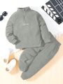 Little Boys' Letter Embroidery Zipper Half Placket Hoodie And Long Pants Two Piece Set