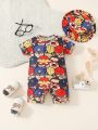 SHEIN 2pcs/Set Baby Boys' Casual Street Style Cartoon Printed Short Jumpsuit With Hat, Spring/Summer Suitable For Outdoor Activities