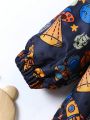 Fashionable Hooded Jacket With Cartoon Print And Inner Lining For Baby Boys