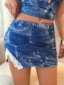 SHEIN SXY Lace Trimmed Denim Effect Tank Top And Skirt Set Spring Summer Women Clothes Bachelorette Party Spring Break Birthday Outfit Sexy Outfits Metallic Fabric