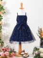 SHEIN Kids CHARMNG Toddler Girls Star Mesh Overlay Belted Cami Dress
