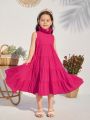 SHEIN Kids Nujoom Young Girls' Loose Fit Casual Ruffle Neck Sleeveless Layered Holiday Dress