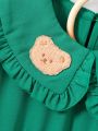 SHEIN Kids QTFun Little Girls' Ruffled Doll Collar Bear Patch Dress With Puff Sleeves And Ruffle Hem