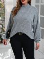 SHEIN LUNE Women's Plus Size Half High Collar Batwing Sleeve Ribbed Knitted T-shirt
