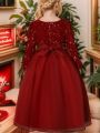 Young Girl Sparkle Sequin Patchwork Tulle Dress With Flared Hem