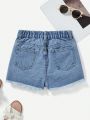 Girls' Butterfly Printed Ripped Denim Shorts, Summer