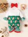 SHEIN Baby Girl Christmas Print Bow Front Flounce Sleeve Ruffle Hem Jumpsuit & Headband