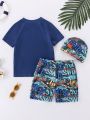 SHEIN 3pcs/Set Tween Boys' Tight-Fitting Casual Round Neck T-Shirt, Shorts, Swimming Cap And Swimsuit