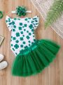 Baby Girls' 3pcs St. Patrick'S Day Four-Leaf Clover Printed Romper With Tiered Mesh Tutu Skirt And Headband, Spring/Summer