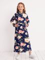 SHEIN Kids Nujoom Girls Striped Tape Allover Floral Hooded Dress