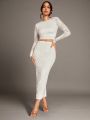 SHEIN BAE White Lace Long-Sleeved Top And Long Skirt Women Two Piece Sets Spring Clothes Valentines Clothes