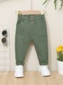 Baby Girls' Green Loose Fit Denim Jeans With Floral Elastic Waistband