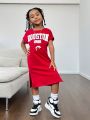 SHEIN Kids Cooltwn Girls' Casual Short Sleeve Knit Round Neck Dress For Everyday Wear