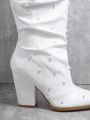 Faux Pearl Decor Point Toe Chunky Heel Slouchy Boots