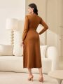 SHEIN Modely Ladies' Solid Color V-neck Long Sleeve Sweater Dress