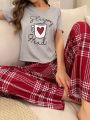 Women'S Letter Print Short Sleeve And Checked Pants Pajama Set