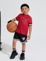 SHEIN Boys' Red Short Sleeved Shirt With Single Button Closure, Athletic Design & Woven Band Collar