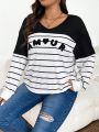 SHEIN Frenchy Plus Size Women's Striped Letter Print Sweatshirt