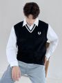 Extended Sizes Men's Plus Size Sweater Vest With Hooded Collar, Knitted And Embroidered Design