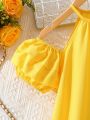 SHEIN Kids EVRYDAY Big Girls' Bubble Sleeve Craft Folding & Ruffle Hem Dress