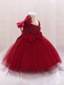 Infant Girls' Irregular Collar Dress With Big Bowknot Decoration And Mesh Overlay Party Dress