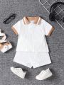 Baby Boys' Summer Short Sleeve Polo Shirt And Shorts Set, With Ribbed Collar And Simple Color Block