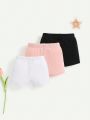 SHEIN Baby Girl Knitted Soft Elastic Waist Solid Color Shorts Three-Piece Set