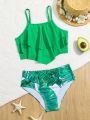 Tween Girls' Double Layer Ruffle Trimmed Tropical Print Tankini Swimsuit Set