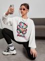 Teen Girls' Casual Cartoon Pattern Round Neck Long Sleeve Sweatshirt, Suitable For Autumn And Winter