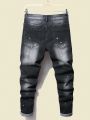 SHEIN Teen Boys' Ripped And Paint-splattered Skinny Jeans