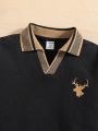 SHEIN Young Boy Casual Comfortable Deer Head Pattern Ribbed Collar Polo Shirt