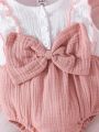 2pcs/Set Baby Girls' Pink & White Cute Bowknot Decor Jumpsuit With Matching Headband For Summer