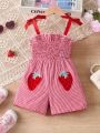 SHEIN Kids SUNSHNE Young Girl's Cute Casual Strawberry Embroidery Cami Romper With Grid Tie And Bowknot Shoulder Straps For Summer
