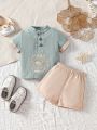 Baby Boy Color-Block Dragon Embroidered Top And Solid Shorts Hanfu Style Outfit