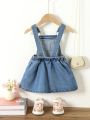 Baby Girl Pocket Front Pleated Hem Overall Denim Overall Dress