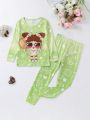 Little Girls' Cartoon Patterned Top And Pants Pajama Set