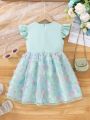 SHEIN Kids CHARMNG Little Girls' Princess Dress With Short Puff Sleeves, Mesh & Butterfly & Flower Appliques, Summer