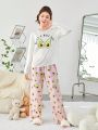SHEIN Teen Girls' Knitted Cute Avocado Pattern T-shirt And Long Pants Homewear Set