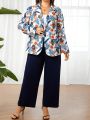 Plus Size Tropical Print Jacket Solid Color Trousers Suit