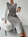 SHEIN Privé Women's Gray Belted Sweater Dress, Slim Fit And Loose Style