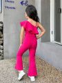 SHEIN Kids HYPEME Young Women's Urban, Fashionable Knitted, Solid Color, Asymmetrical Collar, Jumpsuit With Pants, For Spring/Summer