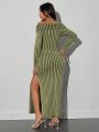 SHEIN ICON Women's Zipper Sweater Top And Split Midi Skirt Set