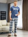 Men's Letter Print T-shirt And Plaid Long Pants Homewear Set