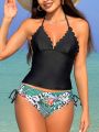 SHEIN Swim Classy Ladies' Solid Color Halter Top & Tropical Print Triangle Bikini Set
